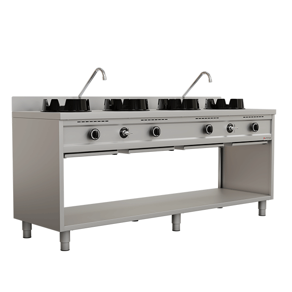 Wok à gaz professionnel inox 4 feux – 4 × 15 kW