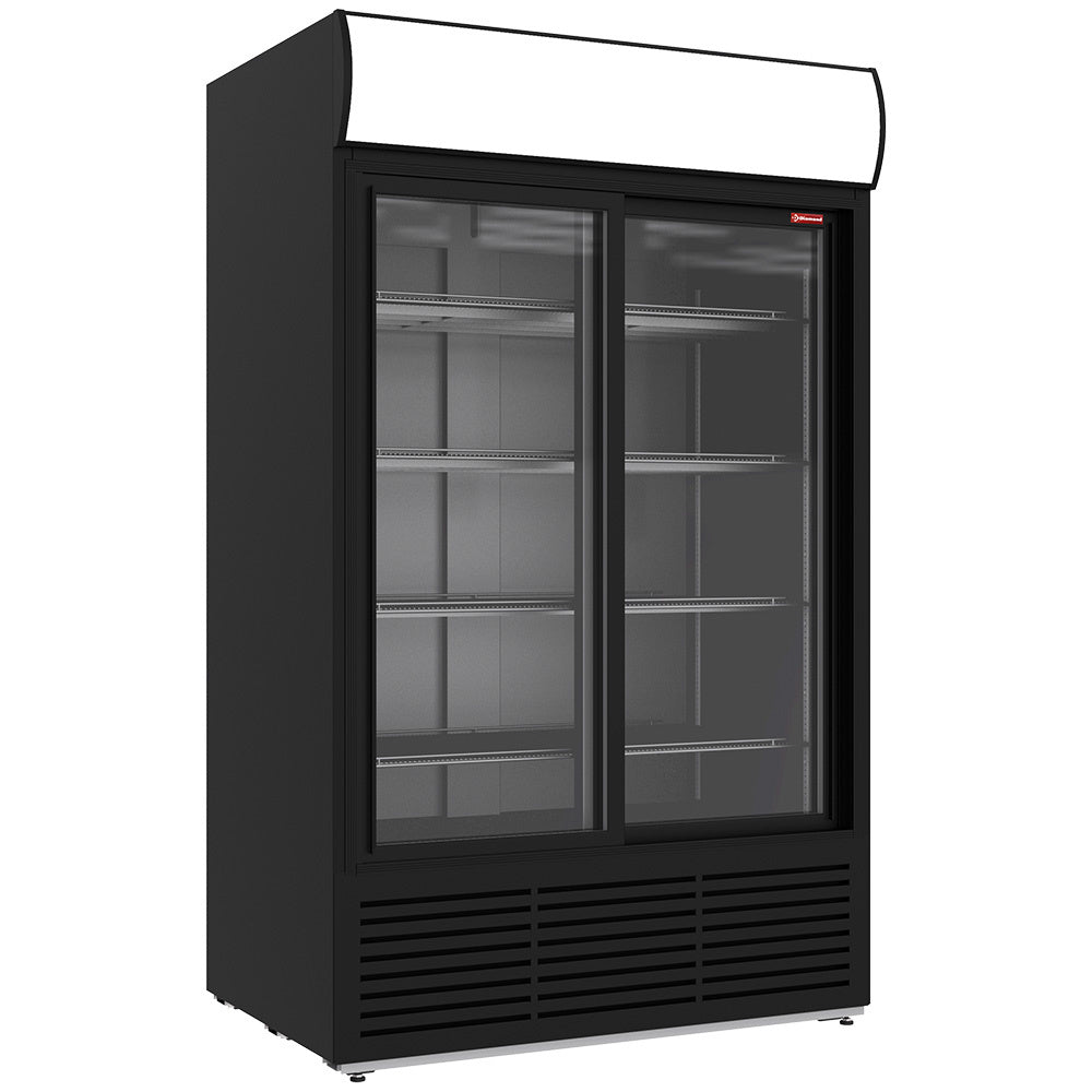 Vitrine ventilée positive 1230 litres, caisson lumineux, 2 portes coulissantes - NOIRE
