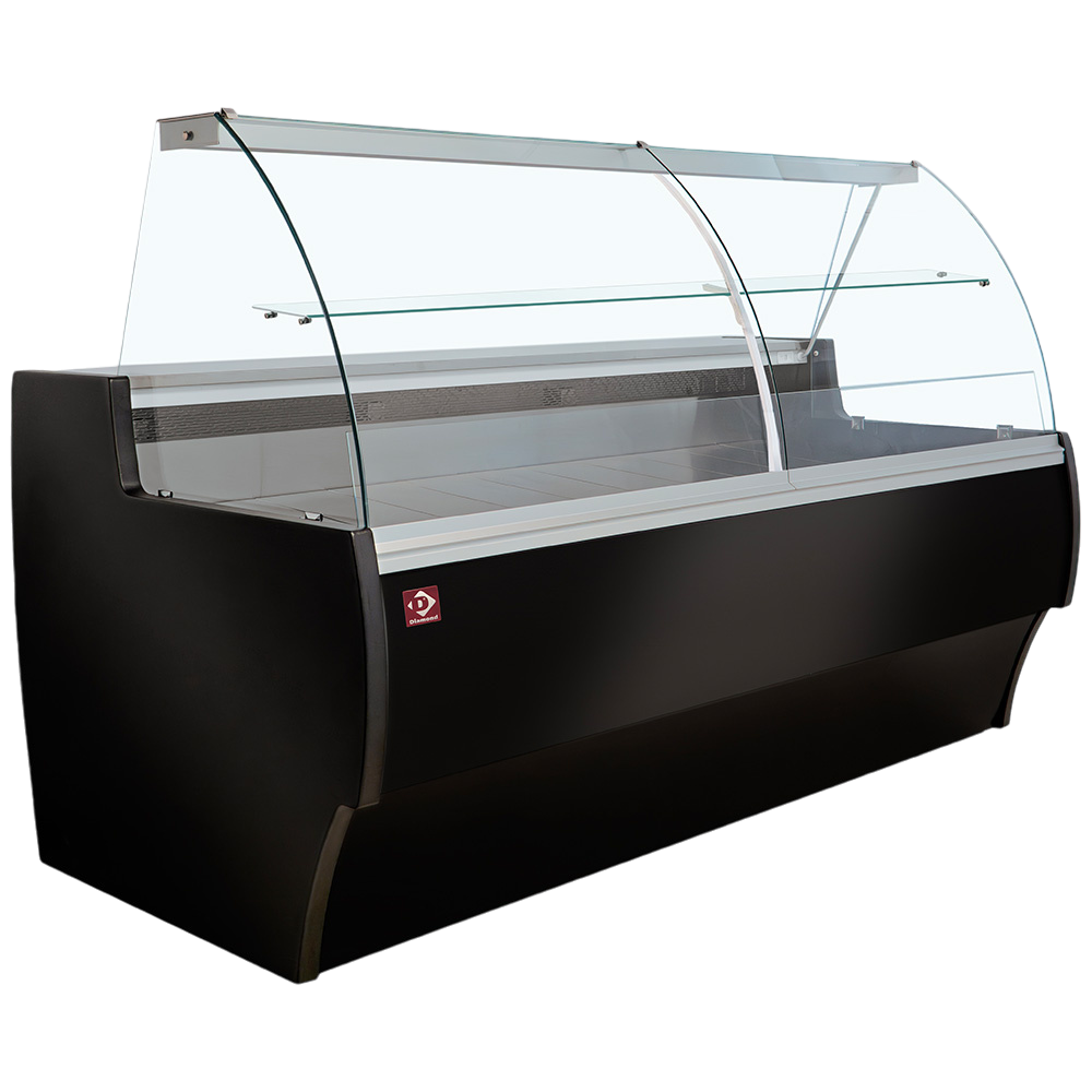 Comptoir vitrine réfrigéré à vitre bombée, ventilé, avec réserve - NOIR MA20/B5-R2V