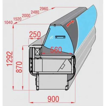 1 m Comptoir frigo vitres bombées rabattables avec réserve -