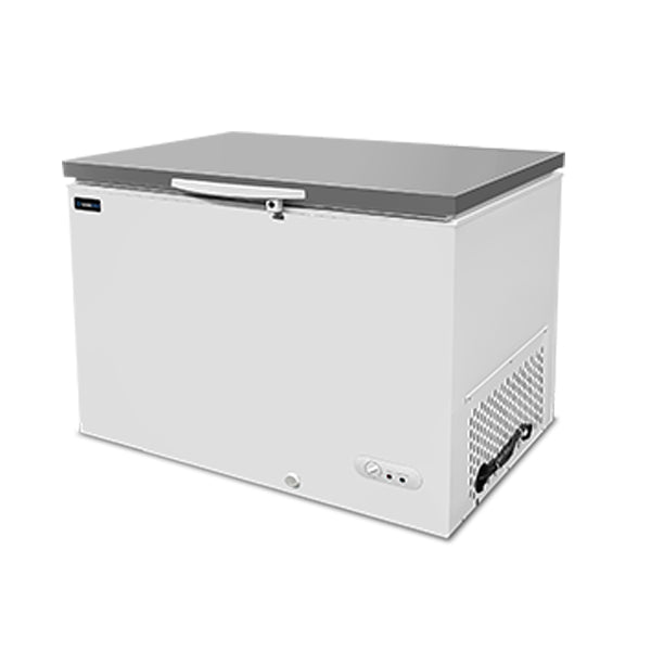 Congélateur bahut professionnel 395 litres blanc avec couvercle en acier inoxydable, température réglable de -18°C à -25°C pour restaurant, snack, friterie et commerce alimentaire.