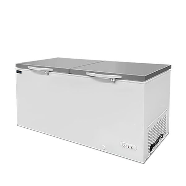 Congélateur bahut professionnel 558 L blanc avec couvercle en acier inoxydable, température de -18°C à -25°C pour restaurant, snack et commerce alimentaire