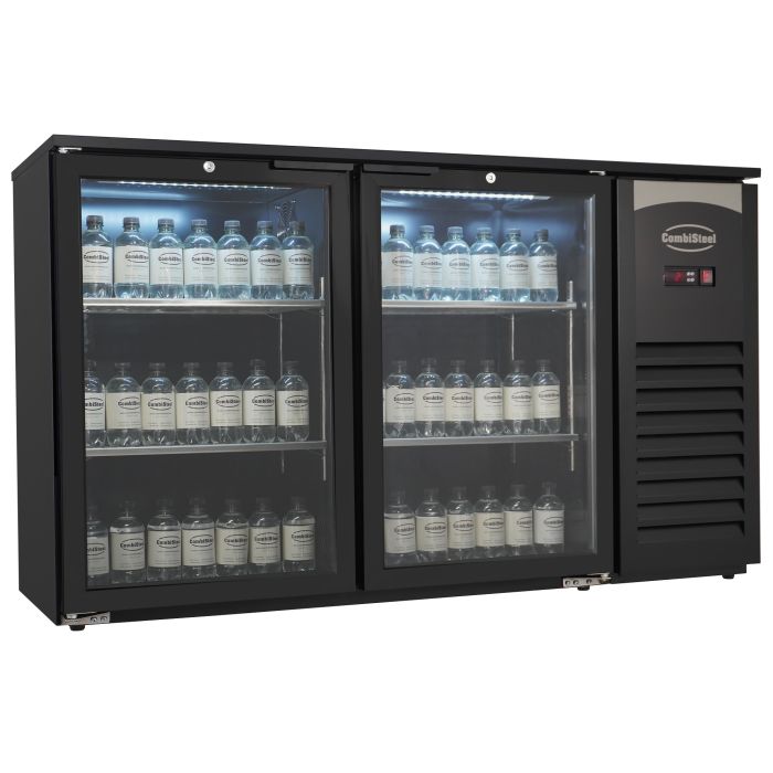 Bar réfrigéré professionnel Combisteel noir avec 2 portes vitrées, refroidissement ventilé et éclairage LED pour bar, restaurant, hôtel, café et établissement Horeca.