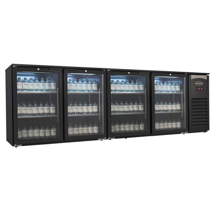 Bar réfrigéré professionnel Combisteel noir avec 4 portes vitrées, éclairage LED et refroidissement ventilé pour bar, restaurant, hôtel et café.