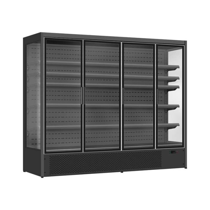 Chambre froide murale professionnelle Combisteel LUKE 2.5 avec 4 portes vitrées, refroidissement ventilé et éclairage LED pour supermarché, supérette et commerce alimentaire.