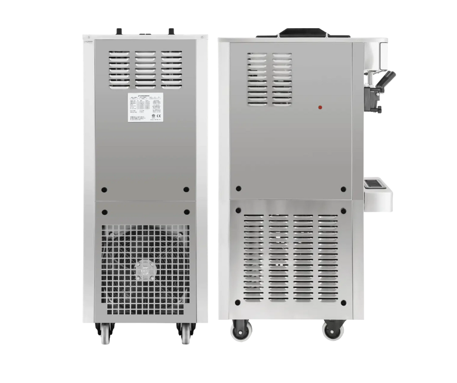 Machine à glace soft et frozen yogurt professionnel par pompe vertical à roulettes 2x12 l