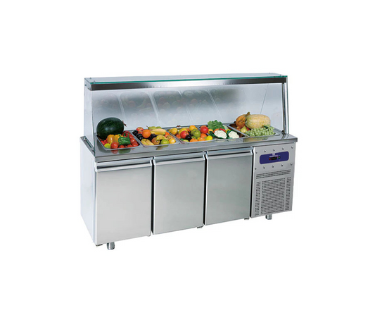 Saladette avec 3 portes GN 1/1 et structure en verre, 5x GN 1/1 h=150 mm, -2°/+8°C