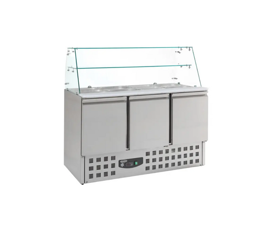 Saladette réfrigérée 3 portes pour bac gn 1/1 avec verre bombé tropicalisé