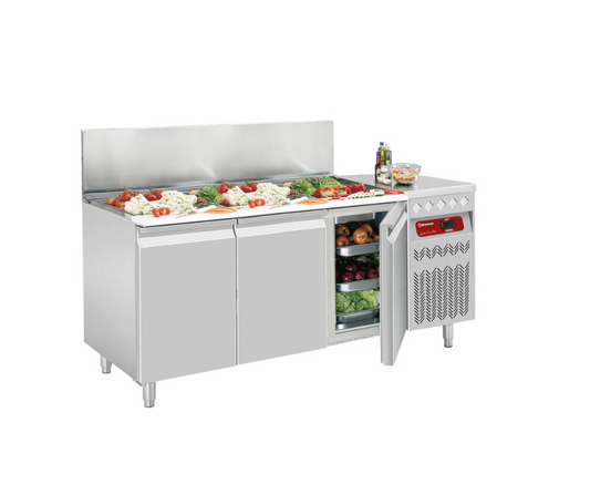 Table frigorifique ventilée, 3 portes GN 1/1, 405 Lit. avec saladette réfrigérée GN SG3-G4/P9