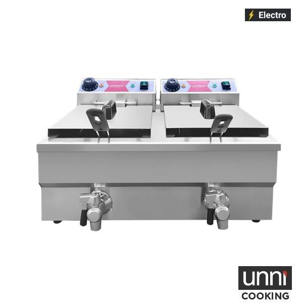 Friteuse électrique professionnelle UnniCooking E616DF avec deux cuves de 8 litres et robinets de vidange pour cuisine professionnelle