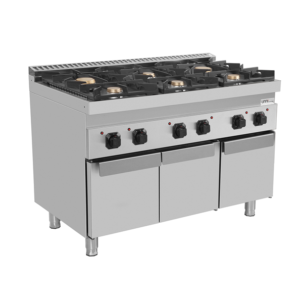 Cuisinière professionnelle à gaz Unninox G70C30K avec 6 brûleurs et placard fermé en inox