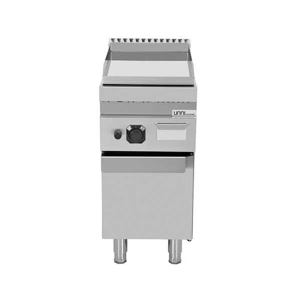 Plaque à snacker gaz professionnelle lisse chromée sur meuble – 6,5 kW