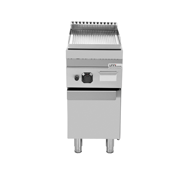 Plaque à snacker gaz professionnelle rainurée chromée sur meuble – 6,5 kW