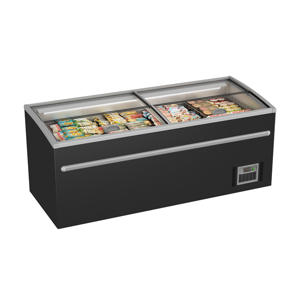Congélateur coffre noir 850 L pour supermarché avec couvercles vitrés coulissants
