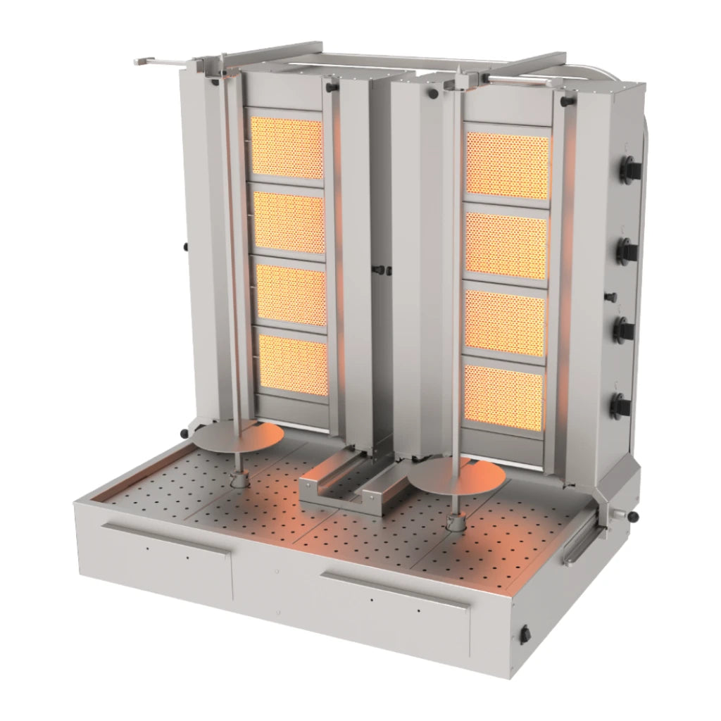 Machine à kebab professionnelle Eurotec 2 × 4 feux à gaz avec double broche et 8 brûleurs en inox
