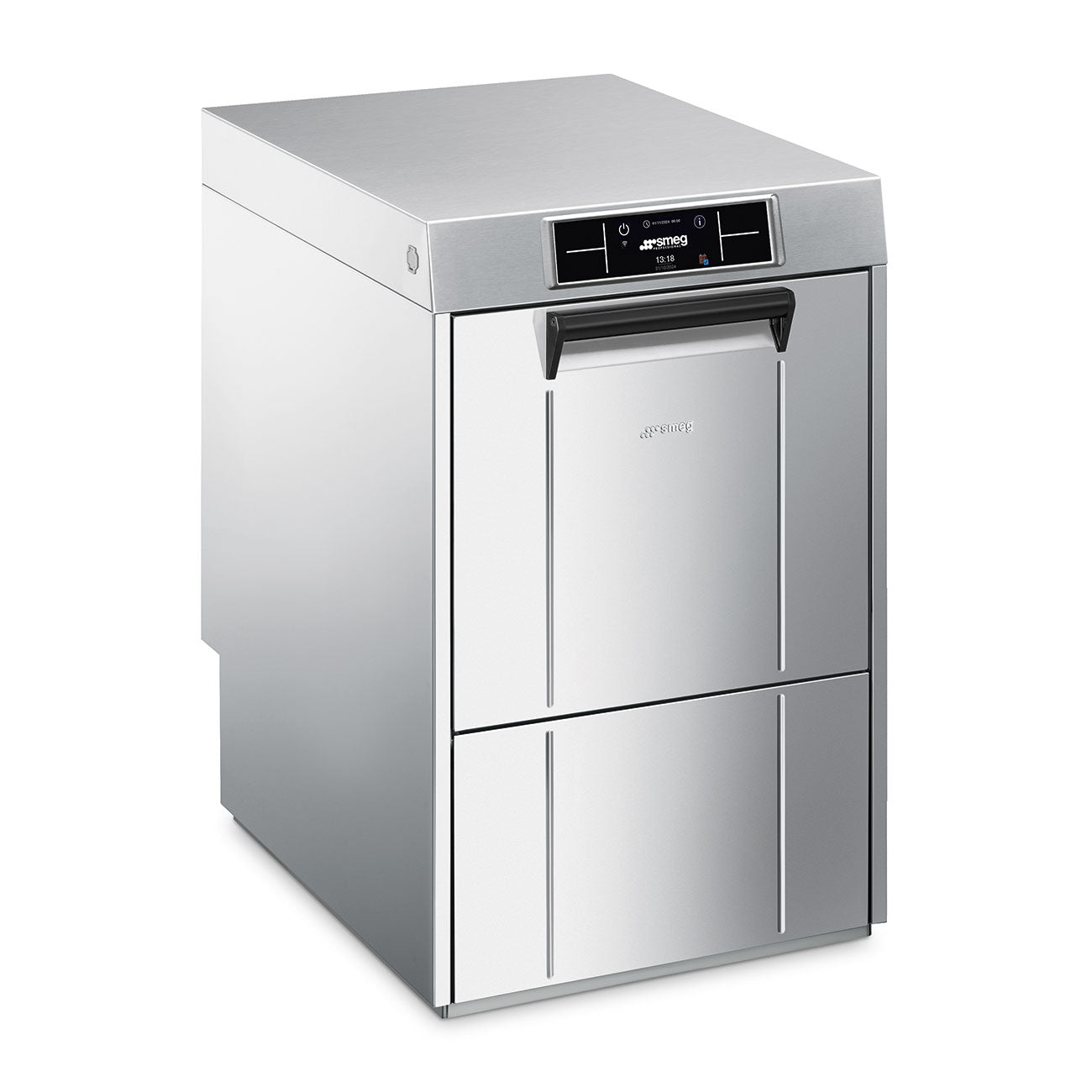 Lave-verres professionnel Smeg SPG425 sous comptoir avec panier 400 × 400 mm, écran tactile, Break Tank et pompe de vidange intégrée.