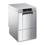 Lave-verres professionnel Smeg SPG425H avec adoucisseur intégré, écran tactile, panier 400 × 400 mm et pompe de vidange.