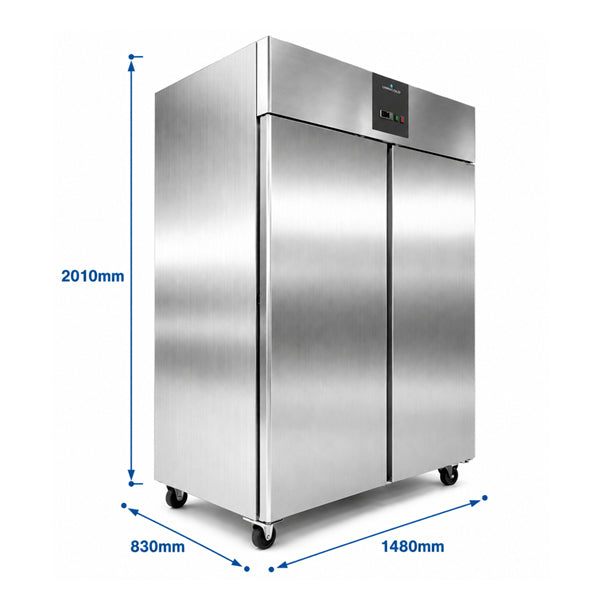 Armoire réfrigérée professionnelle inox 2 portes 1400 litres avec froid ventilé, température de -2°C à +8°C pour restaurant, boulangerie, boucherie et cuisine professionnelle