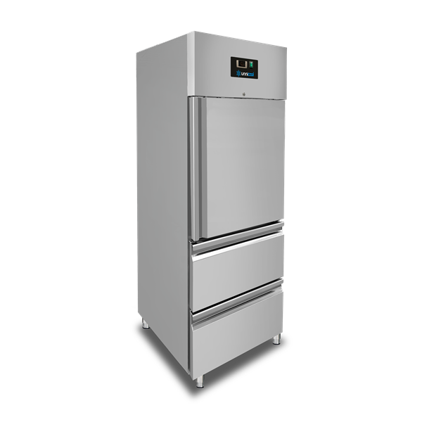 Armoire réfrigérée professionnelle 650 litres avec 1 demi-porte et 2 tiroirs GN 2/1 en inox, froid ventilé de -2°C à +8°C pour restaurant et cuisine professionnelle.