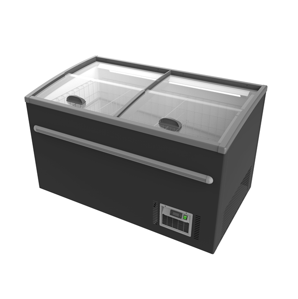 Congélateur coffre noir 530 L pour supermarché avec couvercles vitrés coulissants

