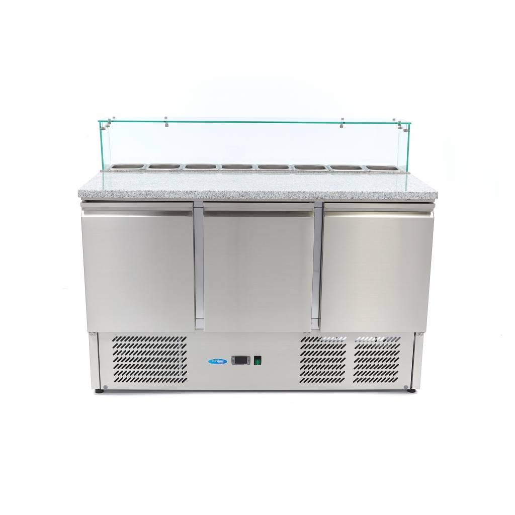 Réfrigérateur pour la préparation des pizzas - 137 cm - 3 portes - s'adapte à 8 x 1/6 GN - incl couvercle en verre – Maxima 09400208
