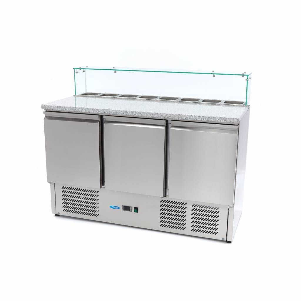 Réfrigérateur pour la préparation des pizzas - 137 cm - 3 portes - s'adapte à 8 x 1/6 GN - incl couvercle en verre – Maxima 09400208