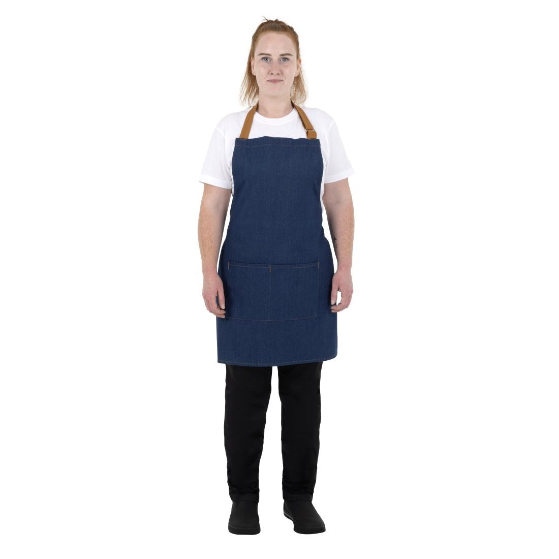 Tablier court Southside en denim bleu avec attaches marron clair — BA158