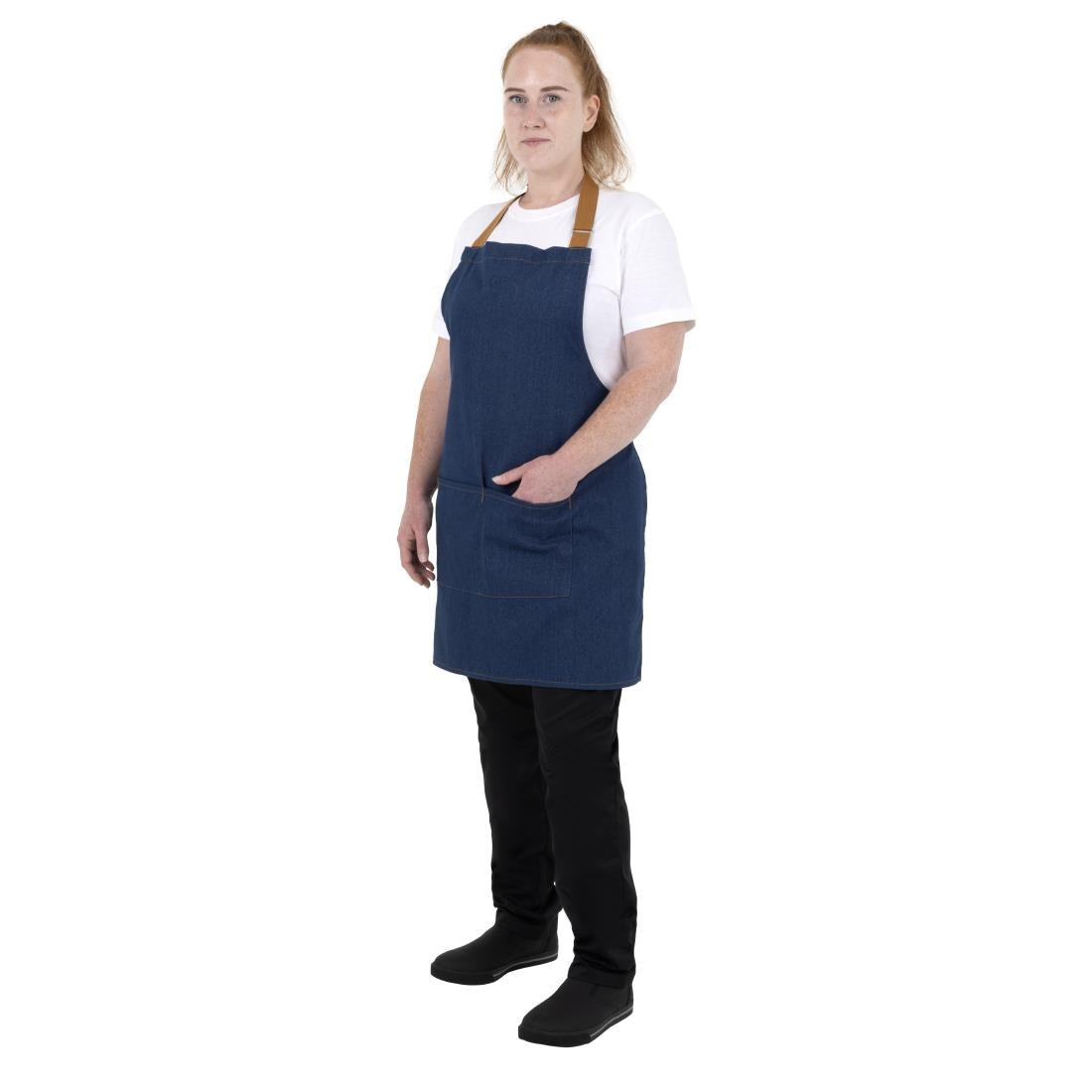 Tablier court Southside en denim bleu avec attaches marron clair — BA158
