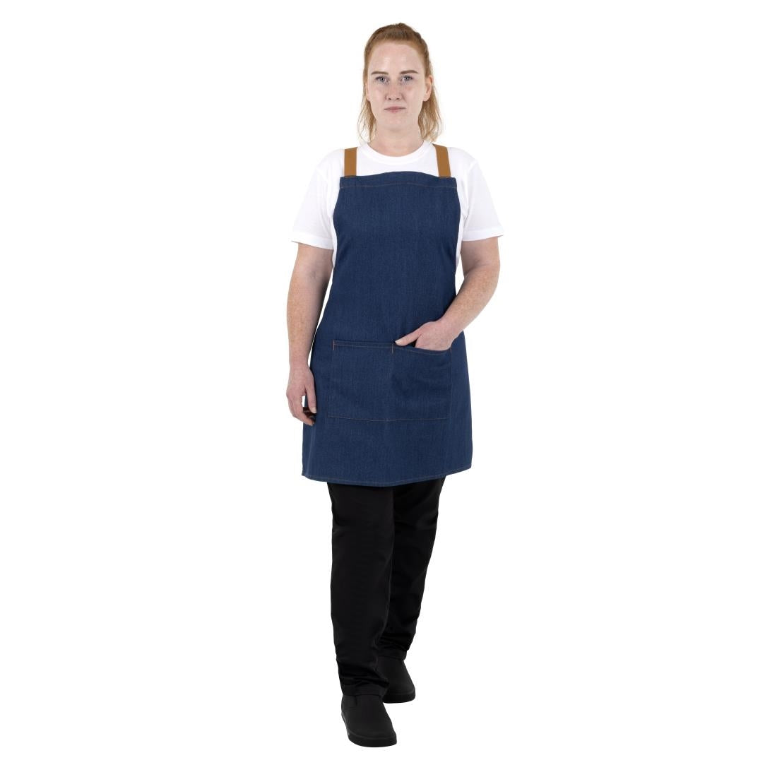 Tablier court croisé dans le dos Southside en denim bleu avec liens en cuir — BA159