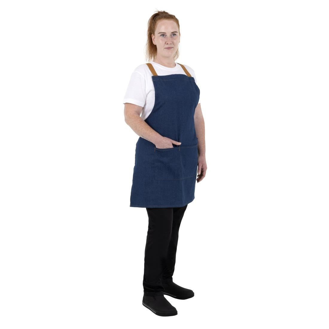 Tablier court croisé dans le dos Southside en denim bleu avec liens en cuir — BA159