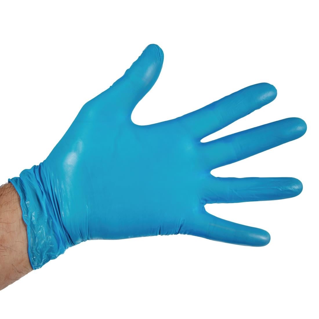 Gants alimentaires en vinyle non poudrés Hygiplas bleus L (lot de 100) — CF403-L