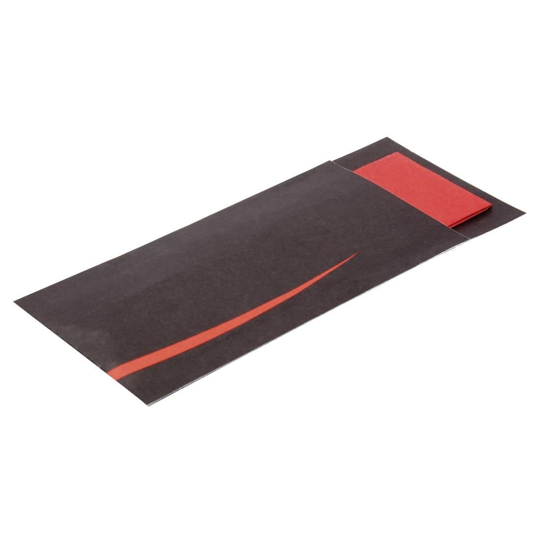 Pochettes à couverts noires avec serviette rouge Europochette (lot de 100) — CK239