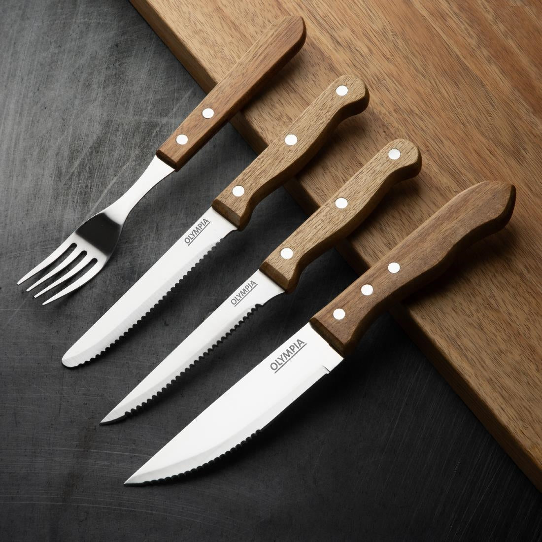 Couteaux à steak arrondis manche en bois d'acacia 100% FSC Olympia 121mm (lot de 12) — CS717