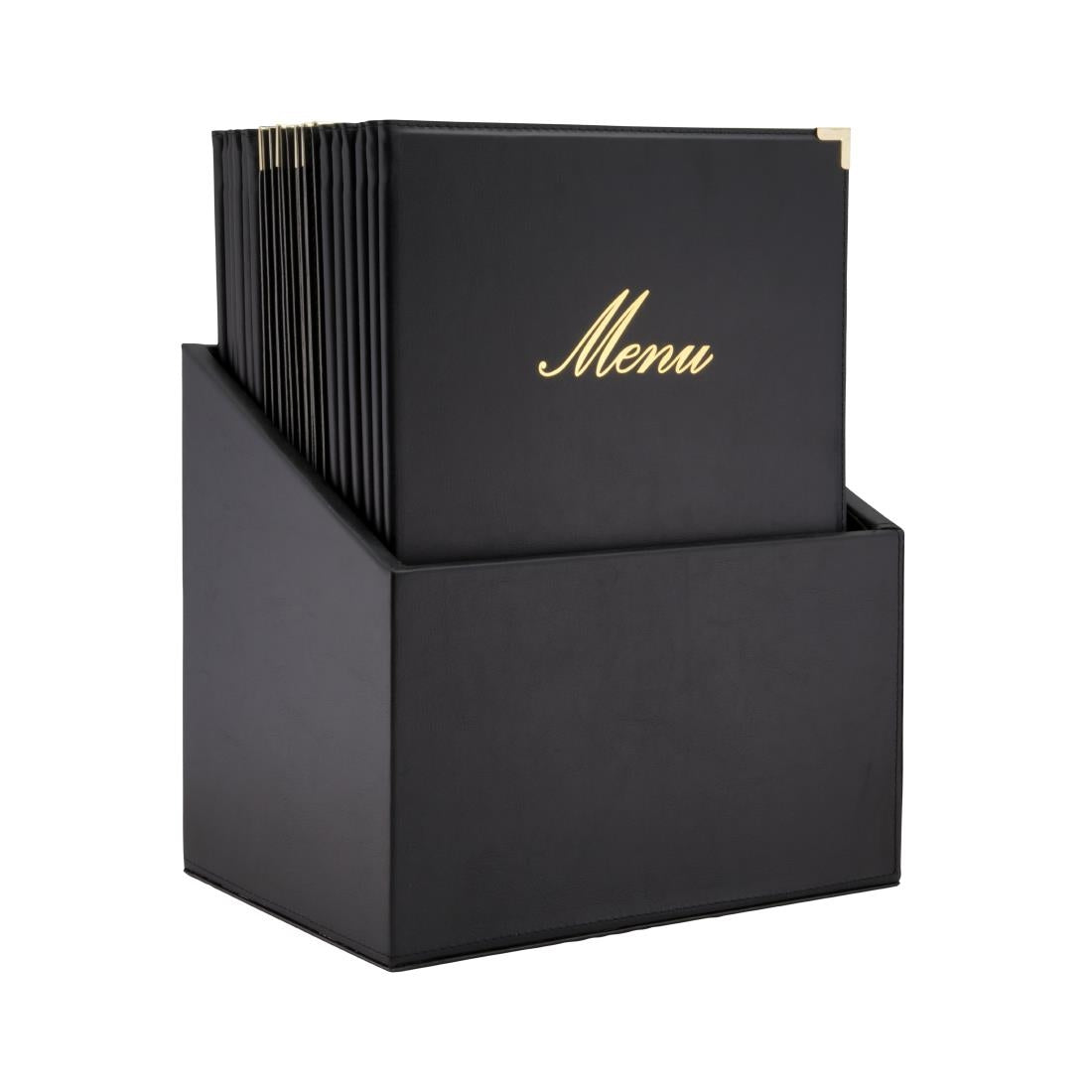 Boîte avec 20 protège-menus simili cuir A4x4 Securit Classic noirs — CU929