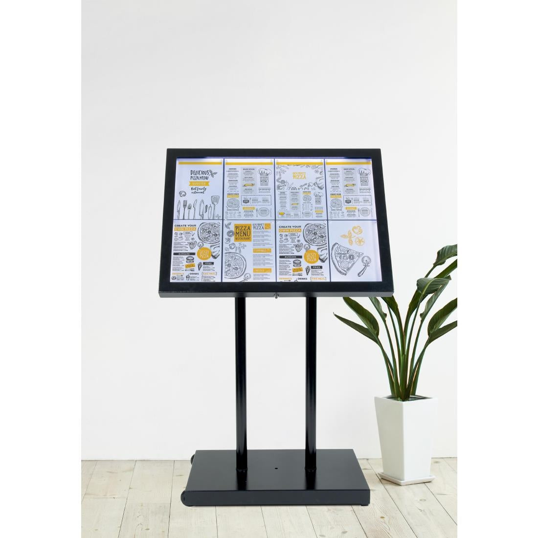 Porte-menu à LED blanches en acier noir Securit 8xA4 avec poteau et socle — CX074