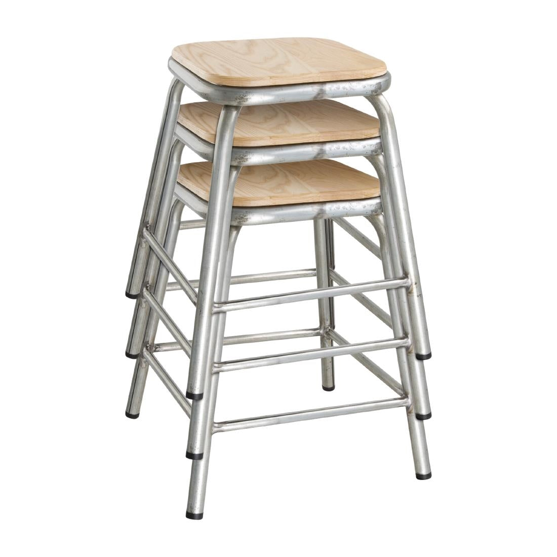 Tabouret bas en acier galvanisé avec assise en bois Bolero Cantina (lot de 4) — DE478