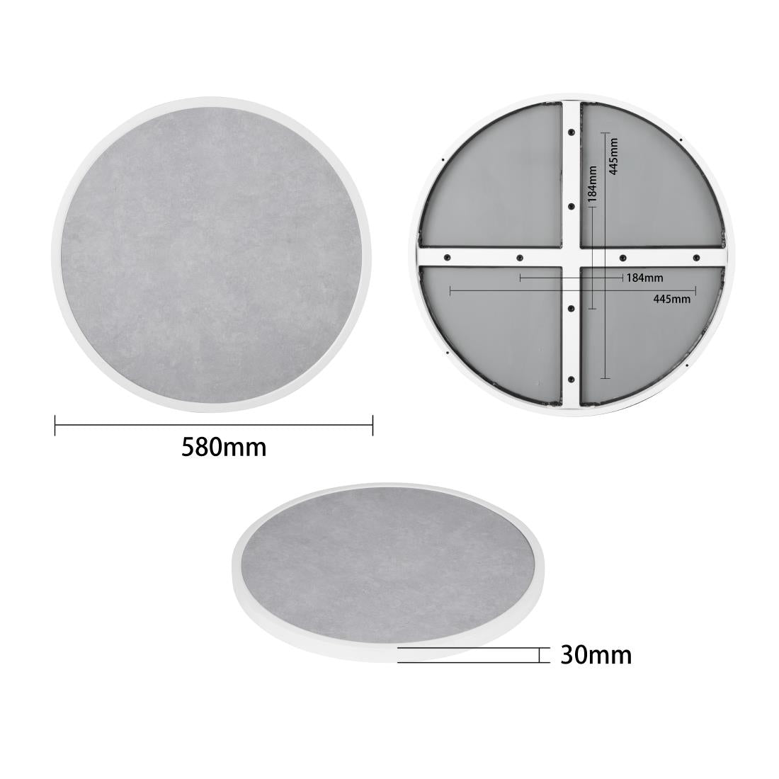 Plateau de table extérieur rond en verre trempé Bolero effet pierre gris clair bord blanc 580 mm — DL485