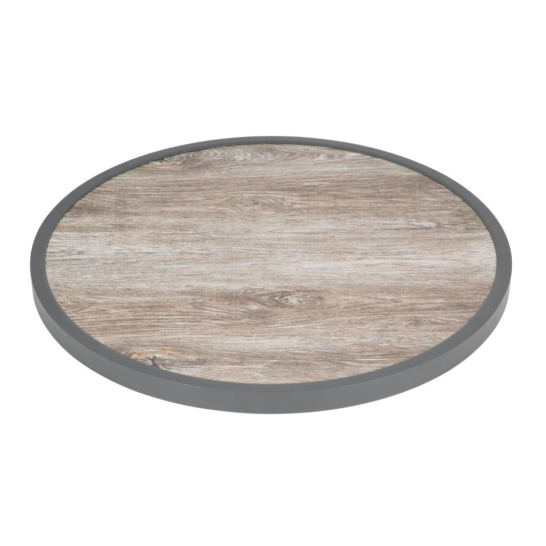 Plateau de table extérieur rond en verre trempé Bolero effet grain de bois bord gris 580mm — DL486