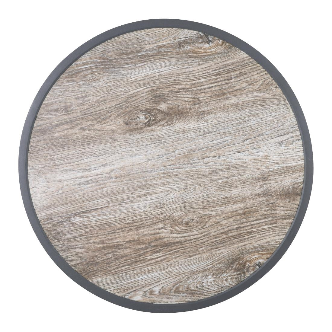 Plateau de table extérieur rond en verre trempé Bolero effet grain de bois bord gris 580mm — DL486