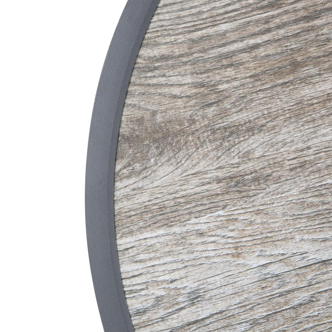 Plateau de table extérieur rond en verre trempé Bolero effet grain de bois bord gris 580mm — DL486