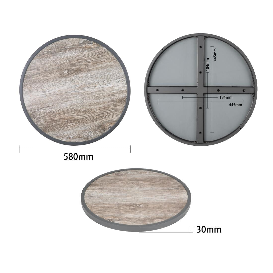 Plateau de table extérieur rond en verre trempé Bolero effet grain de bois bord gris 580mm — DL486