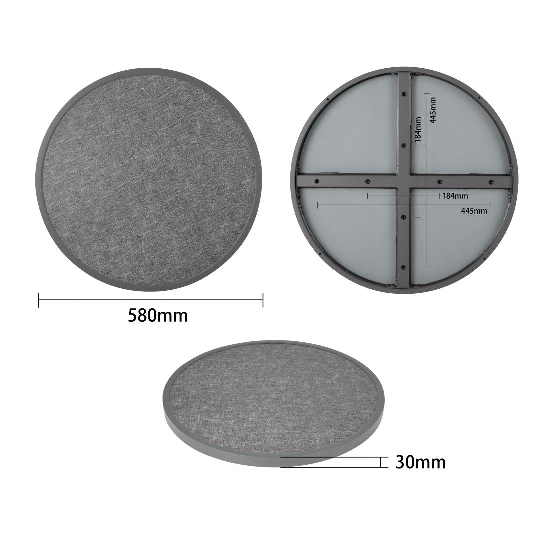 Plateau de table extérieur rond en verre trempé Bolero noir brossé bord gris 580mm — DL489