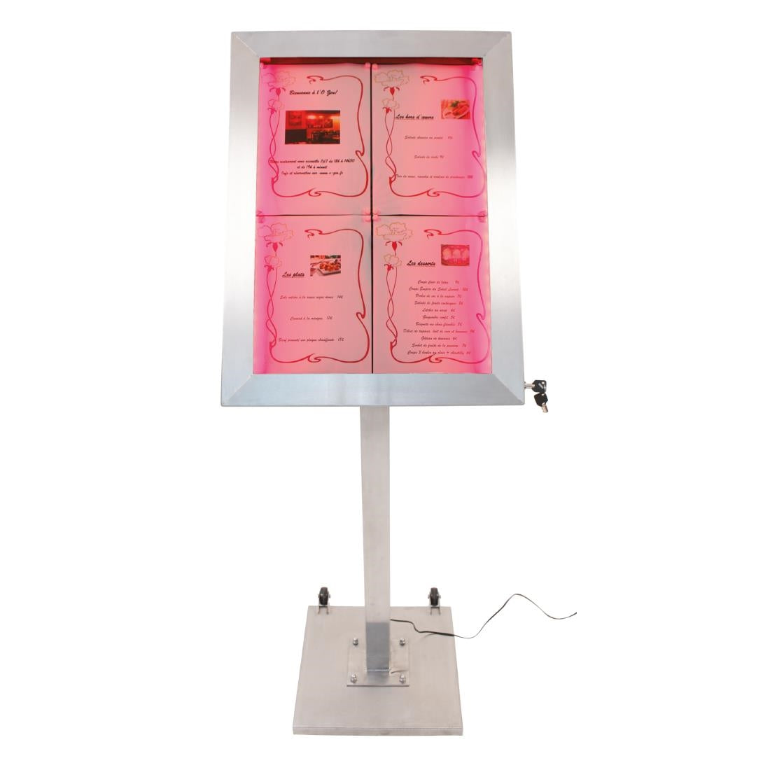 Porte-menu à LED couleurs en inox Securit 4xA4 avec poteau et socle — DP704