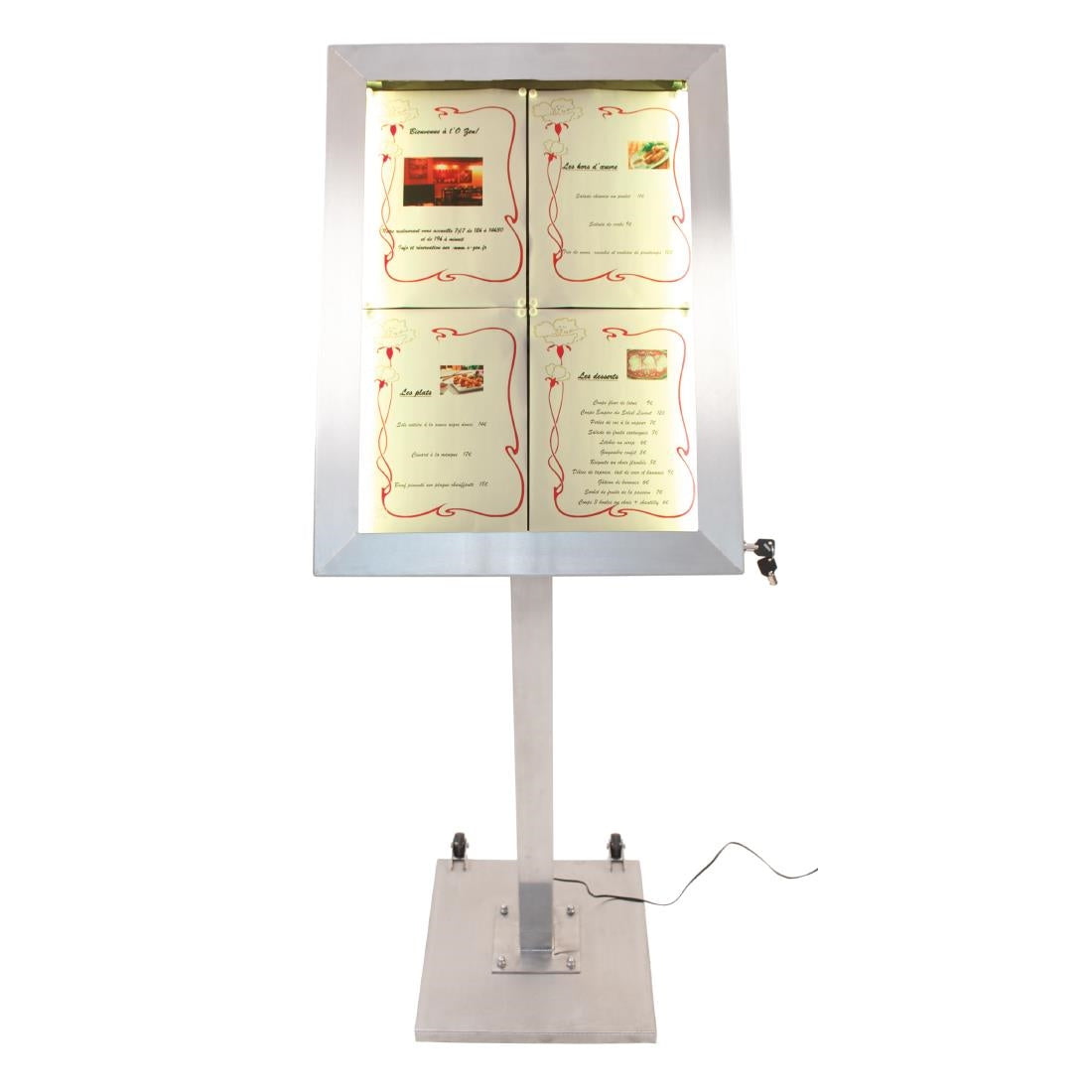 Porte-menu à LED couleurs en inox Securit 4xA4 avec poteau et socle — DP704