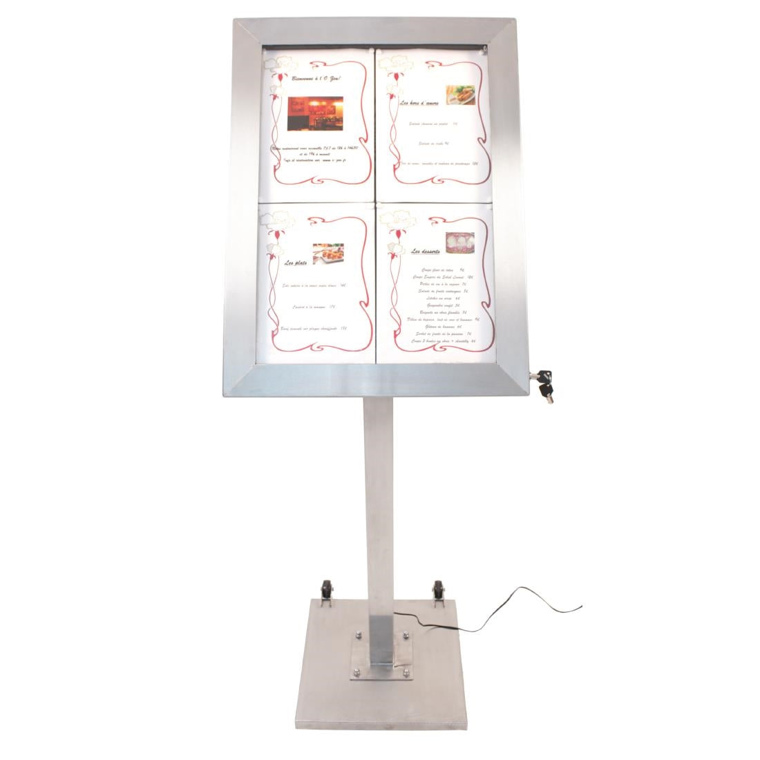 Porte-menu à LED couleurs en inox Securit 4xA4 avec poteau et socle — DP704