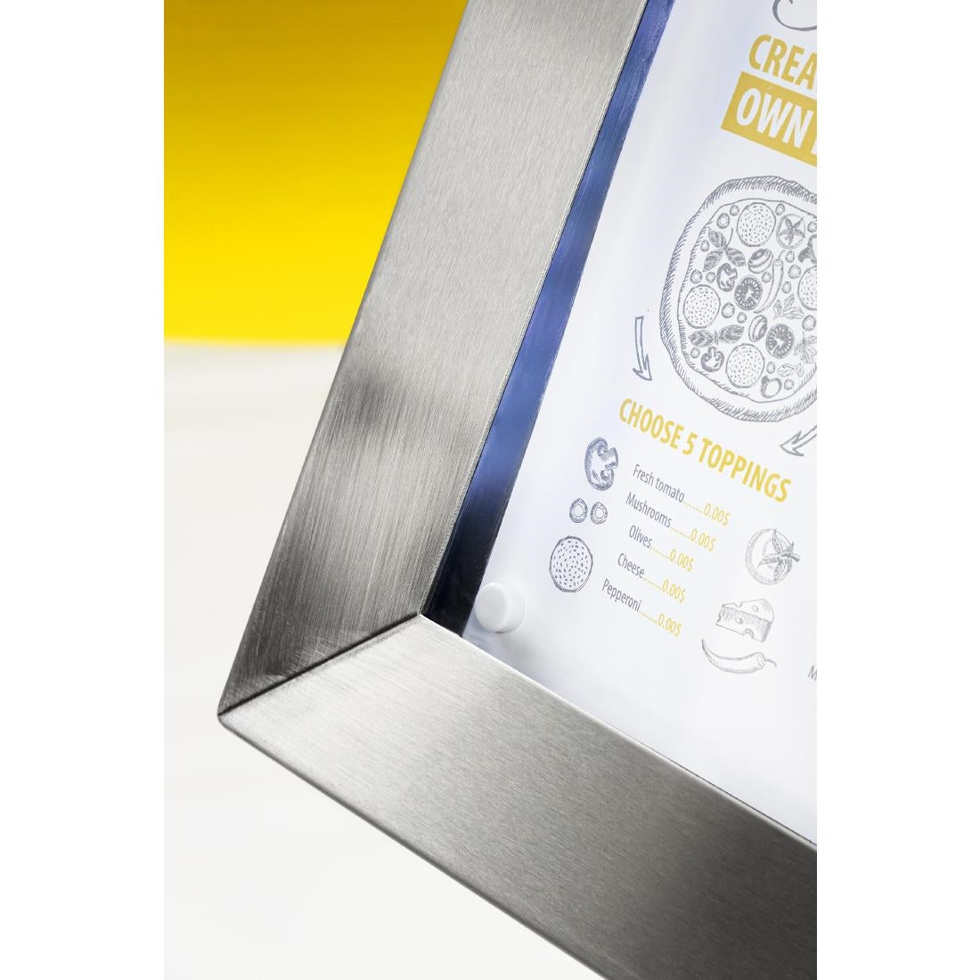 Porte-menu à LED couleurs en inox Securit 4xA4 avec poteau et socle — DP704