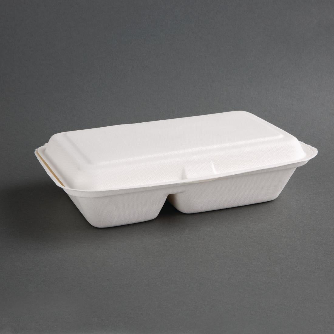 Boîtes 2 compartiments avec couvercle à charnière compostables en bagasse Fiesta Compostable 253mm (lot de 200) — FC524