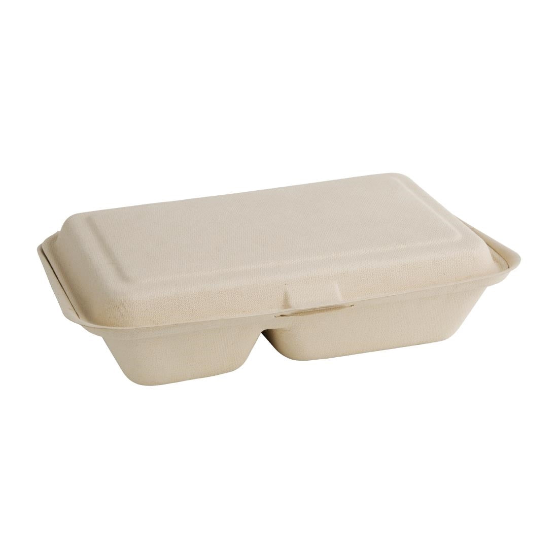 Boîtes 2 compartiments avec couvercle à charnière compostables en bagasse coloris naturel Fiesta Compostable 253mm (lot de 200) — FC541