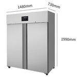 Armoire congélateur professionnelle inox 1200 litres à 2 portes avec froid ventilé, température de -10°C à -20°C et 6 grilles GN 2/1, idéale pour restaurant, boucherie, boulangerie et cuisine professionnelle.