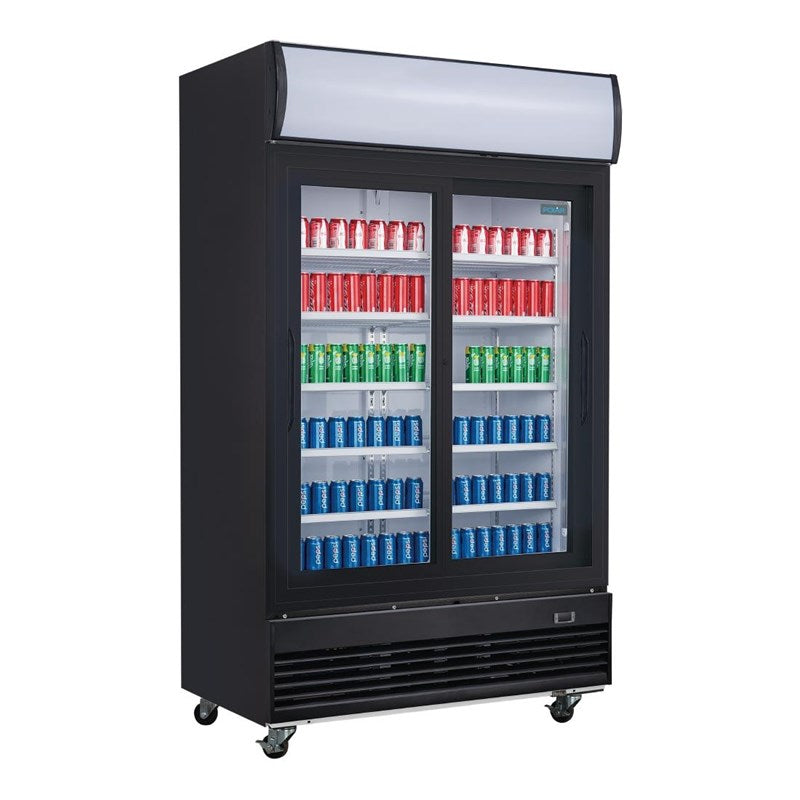 Vitrine réfrigérée positive 950L – 2 portes coulissantes avec caisson lumineux – Noir